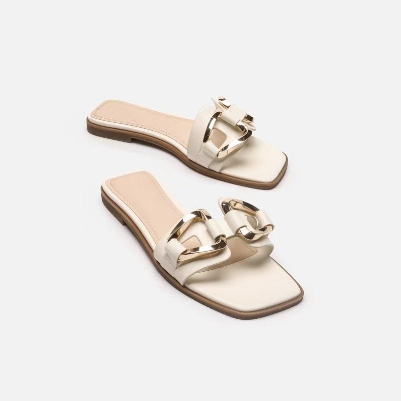 New flat-bottomed cool slippers wear metal decoration one-word sandals flat-heeled women's shoes