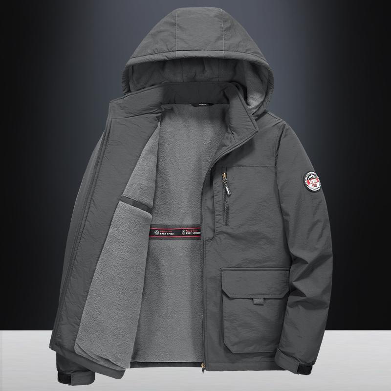 Męska wiatroszczelna kurtka górska z aksamitną podszewką – Pogrubiony zimowy płaszcz bawełniany