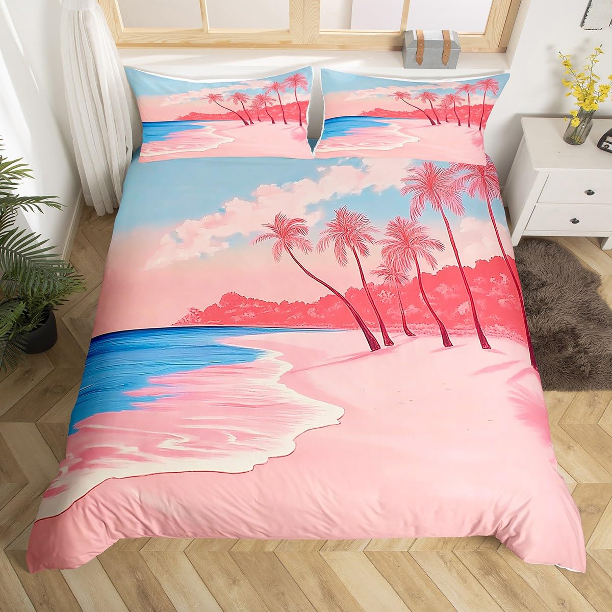 Housse de couette Palme Thème Plage Océan Ensemble de literie Taille Jumeau Double King Size Paysage Coucher de soleil Hawaïen Housse de couette avec taie d'oreiller EU Single(135x200cm)