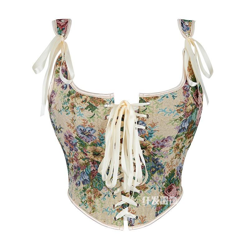 French Jacquard Palace Style Front Opening Strappy Boned Corset Shapewear Bustier