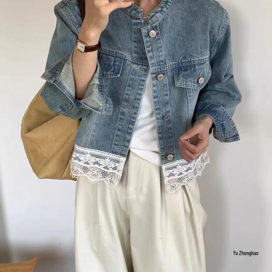 2026 Early Spring Retro Hong Kong Style Washed Lace Patchwork Denim Jacket - Women's Short Loose Fit with Small Stand Collar