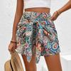 Printed High-waisted Short Pants with Bohemian Style Front Tie Shorts