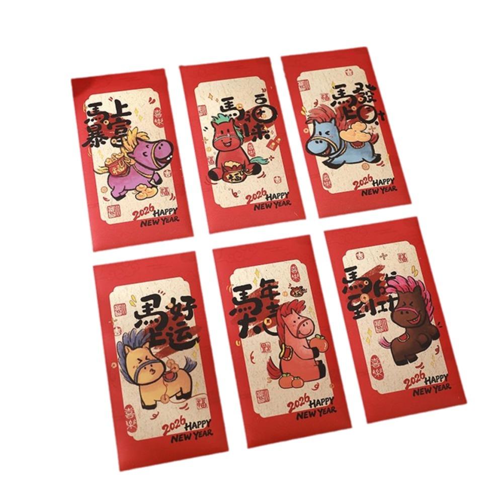 6Pcs Paper 2026 Horse Year Red Envelope Traditional Cartoon Chinese New Year Envelope Lucky Bless Words Lucky Money Bag