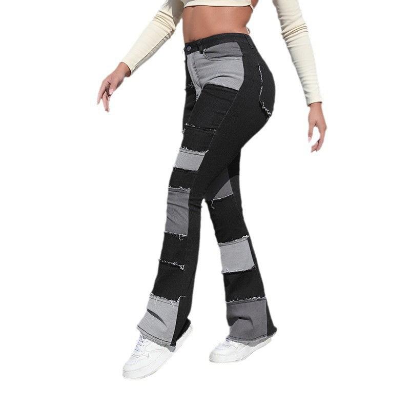 Color Block High Waisted Fitted Flare Jeans for Women Frayed Patch Raw Hem Denim Trendy Design Stitching Flare Casual Stretch Boot Cut Jeans