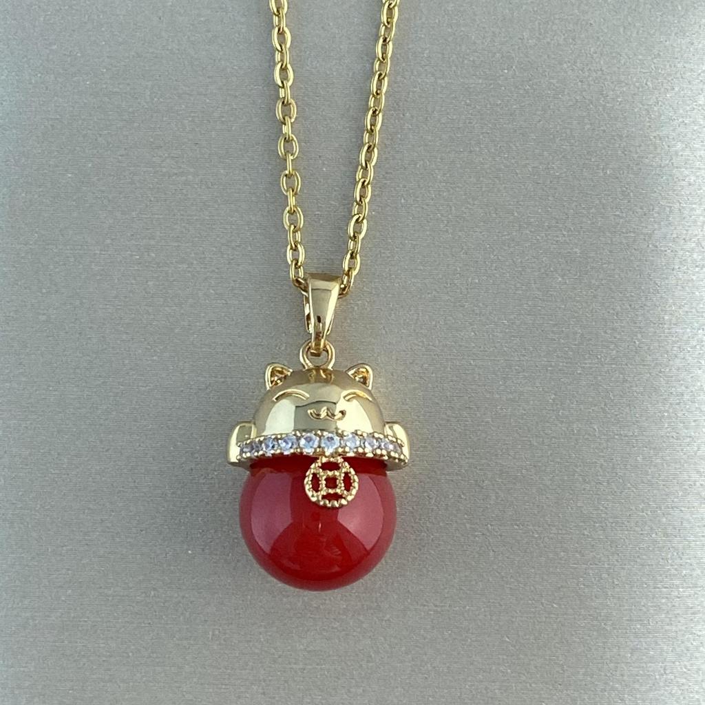 Gold-Plated Titanium Pendant with Cat's Eye Stone, Fox Pixiu, Clover, Butterfly, Peace Buckle