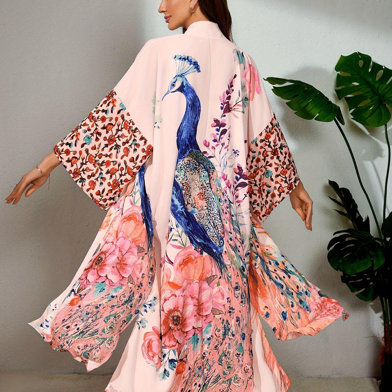 

Пляжное кимоно Bohemian Plus Size с принтом в виде павлиньих перьев, летний кардиган с поясом One size