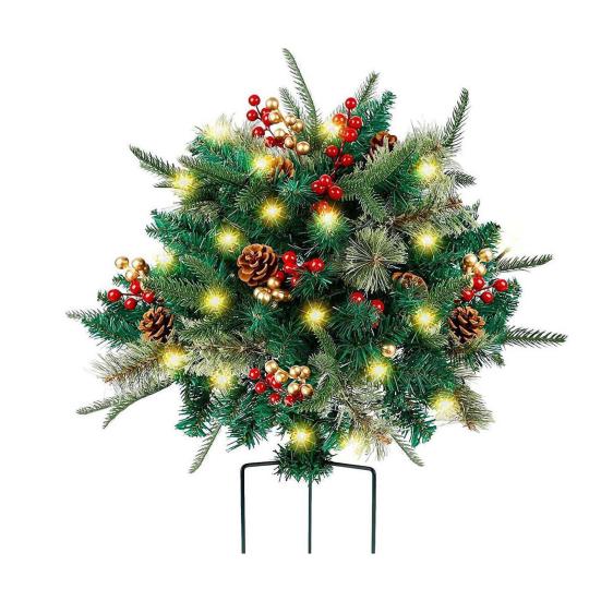 Pre-lit Christmas Tree Urn Filler Battery Operated Artificial Xmas Tree with Cones Berries Holiday Porch Planter Filler with Tripod Stake And LED
