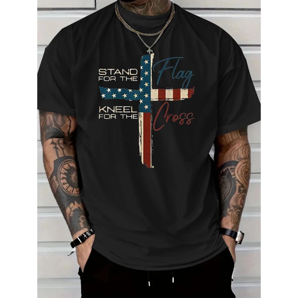 

European sizes Men s Plus Size American Flag Christian Cross T-Shirt - Oversized Stand for the Anthem Slogan & Faith Design, Breathable Casual Wear 4XL чорний