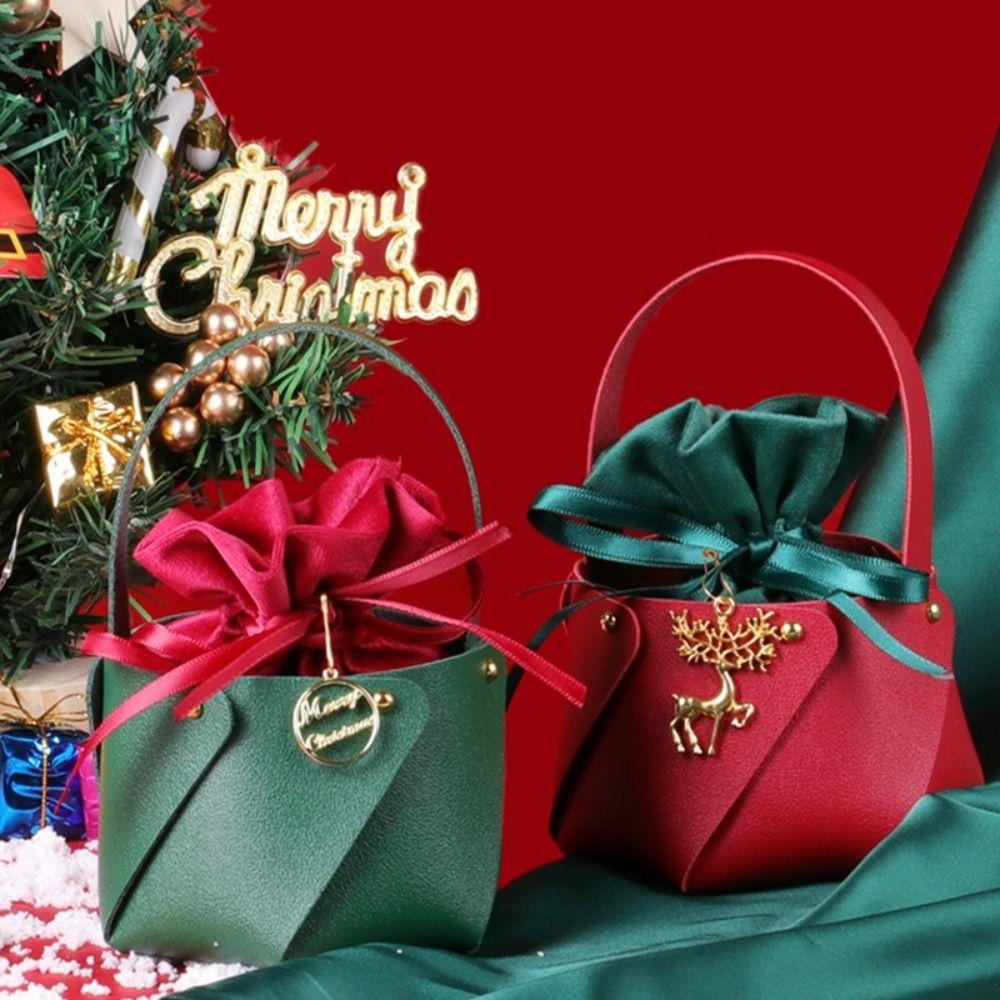 Red Green Design Christmas Gift Bags Flannel Fabric Leather Handled Bags Candy Bags  Wedding Favors