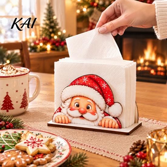 Decorative Paper Holder Wooden Christmas Napkin Holder, Cute Gingerbread Elk Santa Standing Tissue Dispenser, Stable Rack Farmhouse Cocktail Serviette