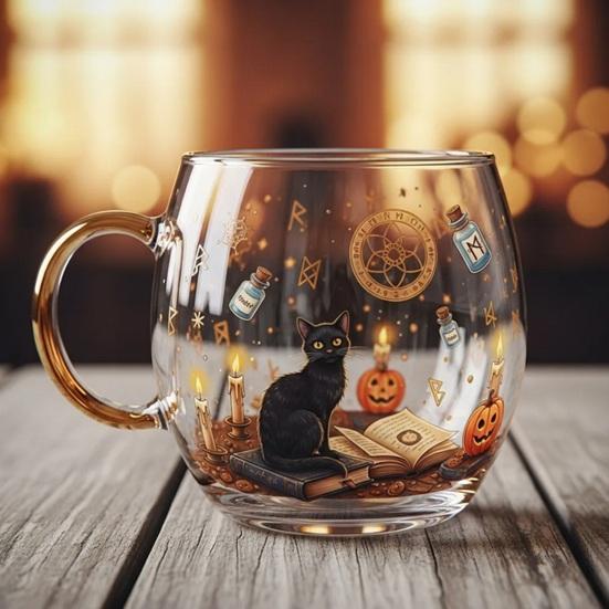 Halloween Painted Glass Mug Spooky Black Cat & Pumpkin Pattern Tea Cup Double-Wall Coffee Cup for Hot Cold Drinks