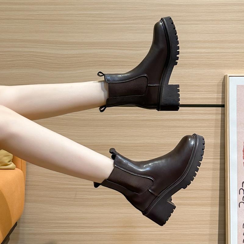 New Chelsea Short Boots Women's British Short Single Boots Round Martin Boots Heightened Thick-soled Cigarette Boots