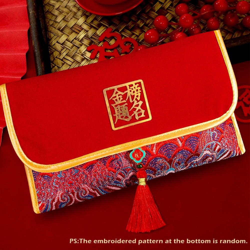 

Chinese Style Red Envelope Tassel Design with Blessing Words Red Pocket Embroidered Brocade Lucky Money Bag Spring Festival