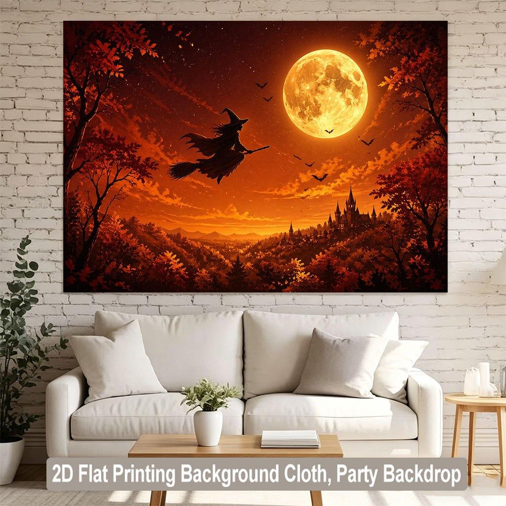 1 piece of 2D flat background fabric banner of the wizard's night sky flight with the moon castle background.PMJ