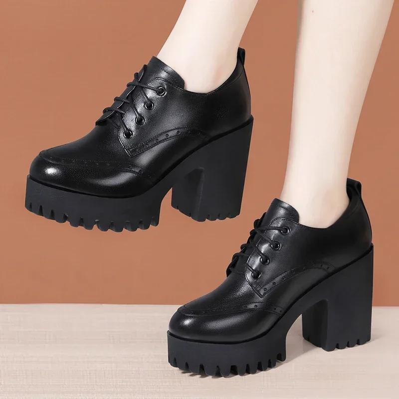 10cm Small Size 32-43 Brogues Vintage Deep Mouth Platform Pumps 2025 Fall Block High Heels Shoes Women Oxfords Office Model Mom