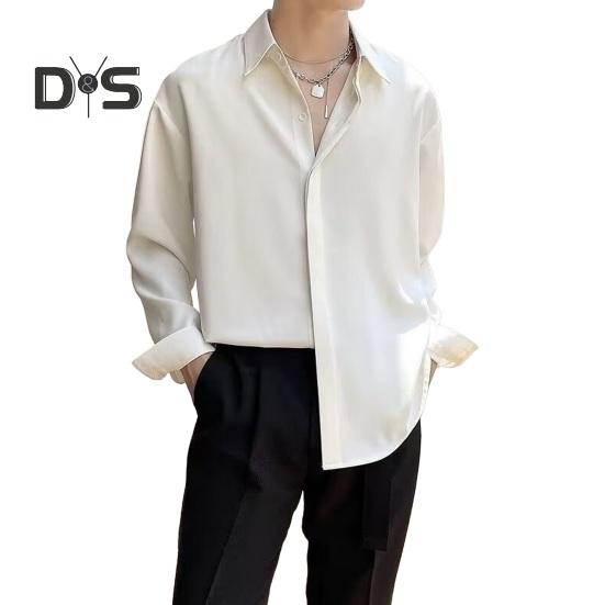 

Мужская рубашка весна-осень с отложным воротником, свободная однобортная, с длинными рукавами, однотонная, средней длины, для офиса, клуба, для вечеринок M белый