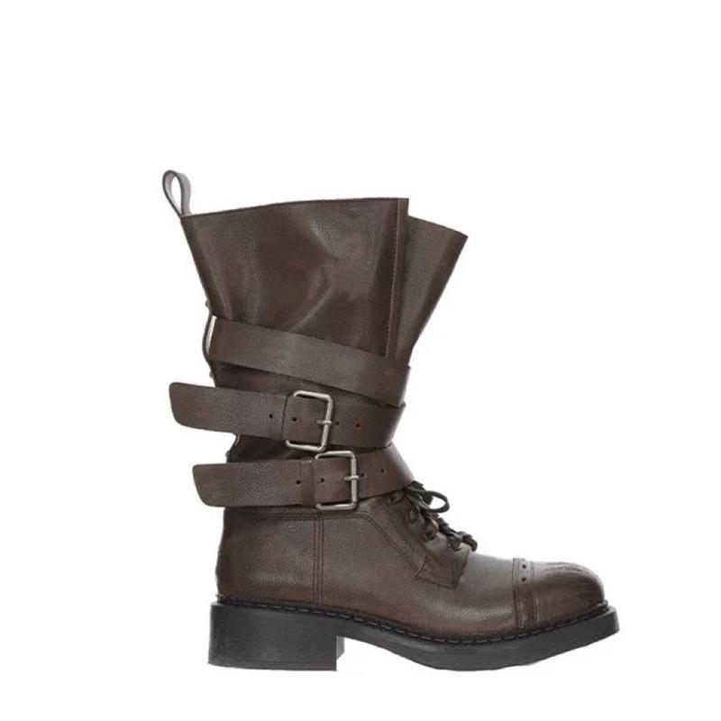 

Cowhide version~ genuine leather retro platform knight boots 2025 new versatile belt buckle lace-up medium boots Martin boots 39