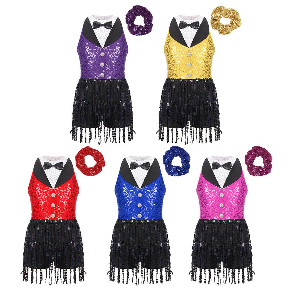 Meisjes Glanzende Pailletten Leotard Jurk Keyhole Achterkant Kwastjes Mouwloos Latijnse Jazz Hoofddeksel Set
