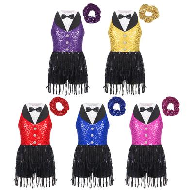 Girls Shiny Sequins Leotard Dress Keyhole Back Tassel Sleeveless Latin Jazz Headwear Set