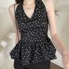 Korean Black Polka Dot V-neck Neck Vest Women's Summer New Flower Design Bud Waist Beauty Back Outer Top