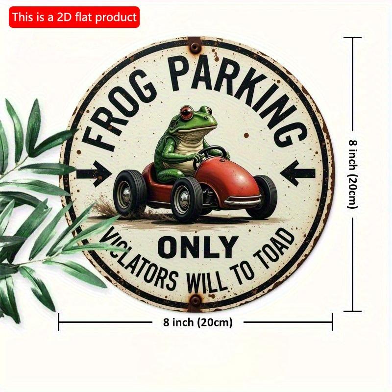 2d Flat 20*20cm Retro Style Circular Wooden Frog Parking Sign, Fantasy Cartoon Frog Driving Red Car Design, Wall Decor for Homes, Offices, Cafes, Bars
