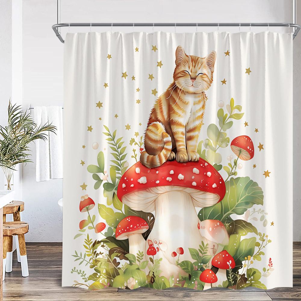 Cats Animal Print Shower Curtain Cartoon Cat Mushroom Hello Sweet Cheeks Modern Polyester Fabric Bathroom Decor Curtain Cloth