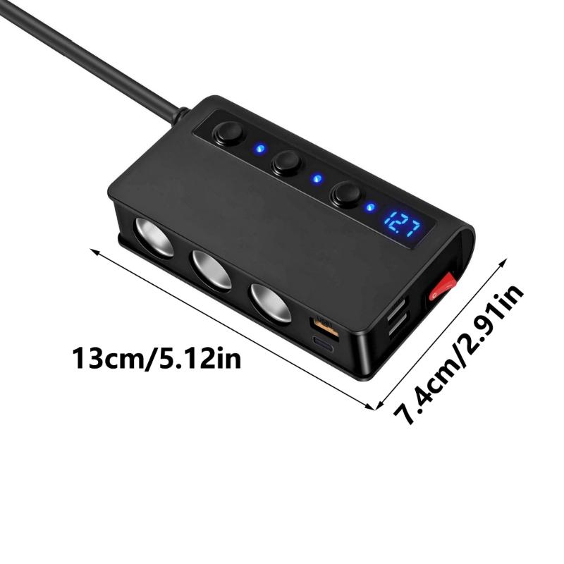 180W Car Charging Adapter Lighter Adapter Splitter Adapter USB Charger with Independent Switches and Voltmeter