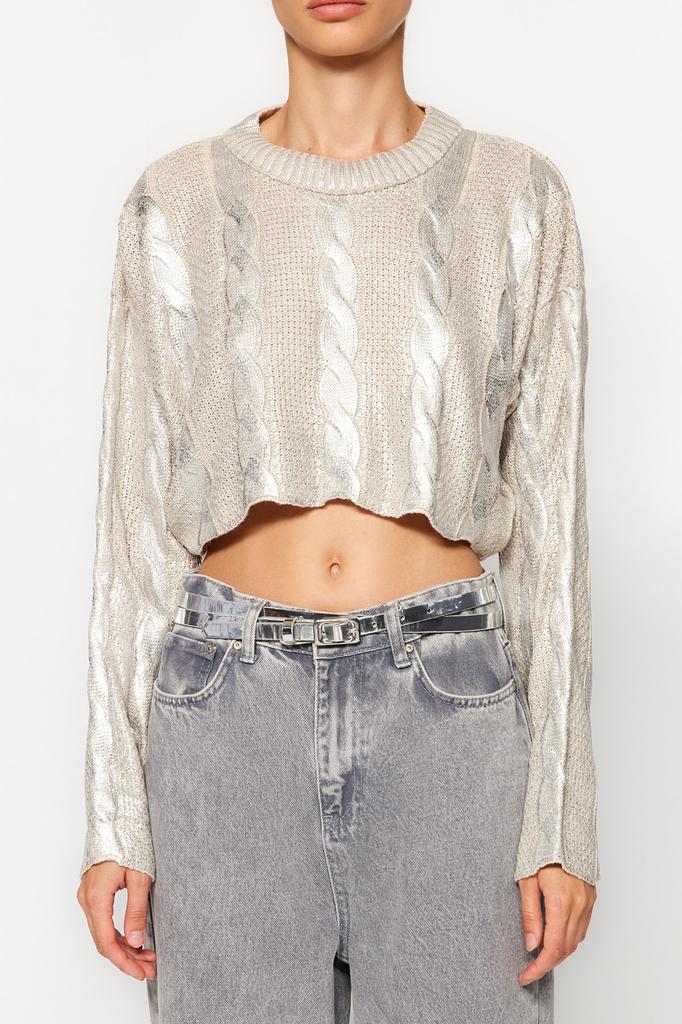 Women's Fashion New Sweater Stone Super Crop Hair Braided Foil Printed Knitwear Sweater