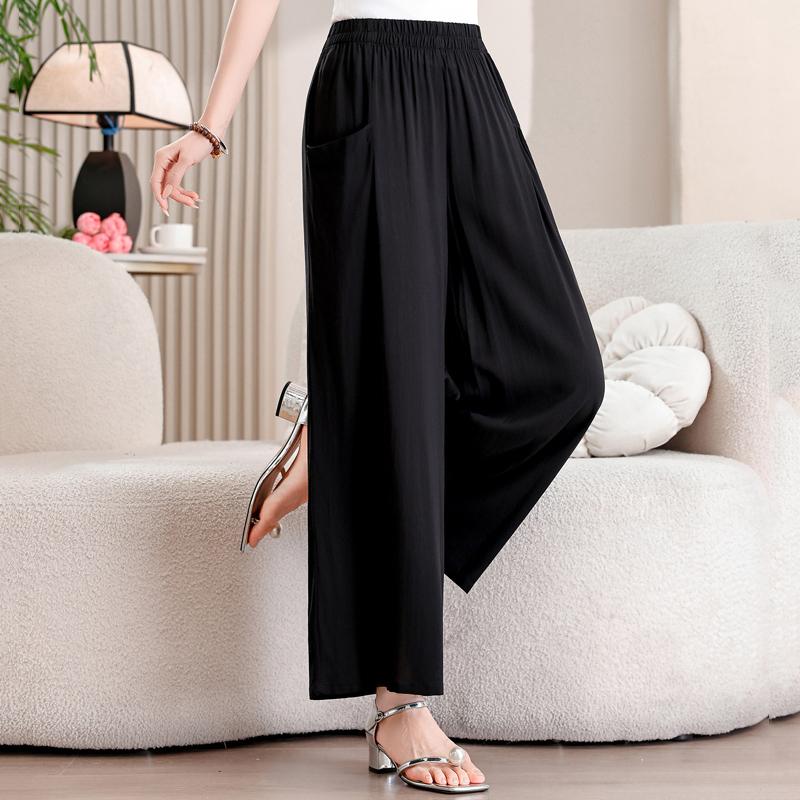 Summer Wide Leg Pants Woman Clothes Elastic Waist Elegant Casual Summer Black Pants