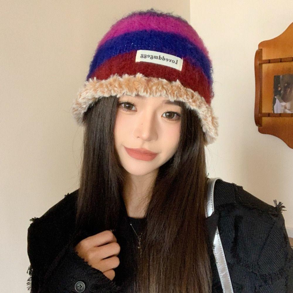 

Contrasting Knitted Winter Hat Retro Personality Basin Cap New Striped Bucket Hat