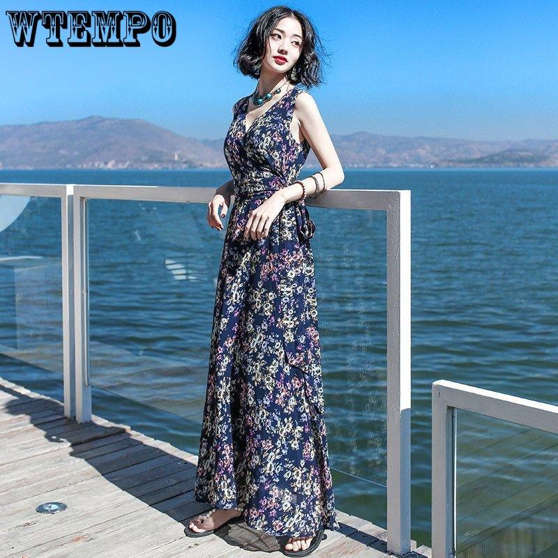 WTEMPO Women's Summer V-neck Dress Seaside Vacation Print Beach Dress Bohemian Waist Dress Loose Temperament Floral Dress Fairy Dress