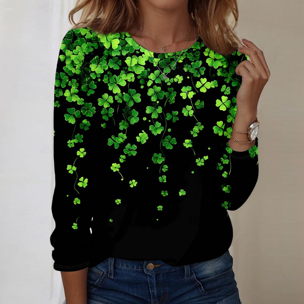 Damen Rundhals-Oberteil mit Blätterdruck, locker, langärmlig