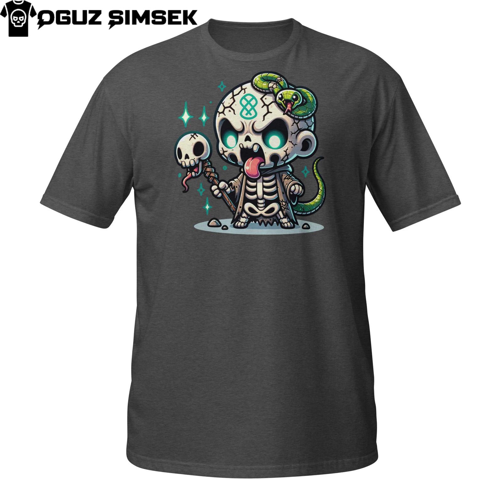 Necro Skeleton T-Shirt Mens Womens Tees Top | Cute Undead Wizard with Snake | Chibi Skull Mage Design M