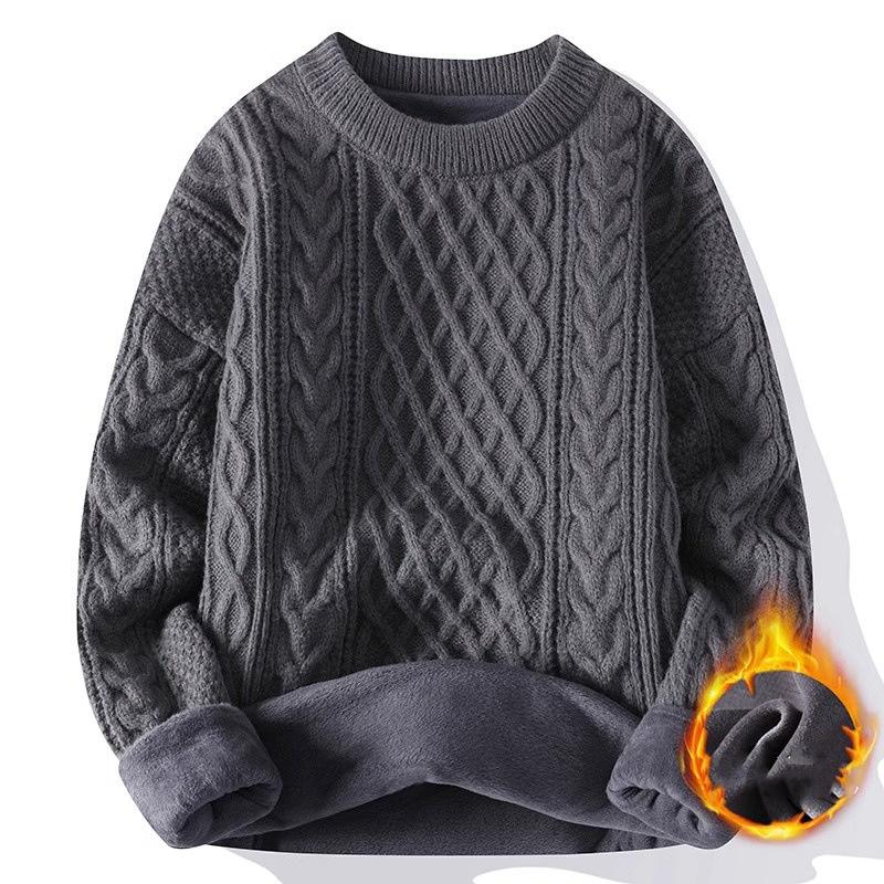 

Trendy Knitted Sweater for Men Casual Round Neck Warm Inner Loose-fit Pullover Cozy Soft Supple Fall Winter Fashion XS серый