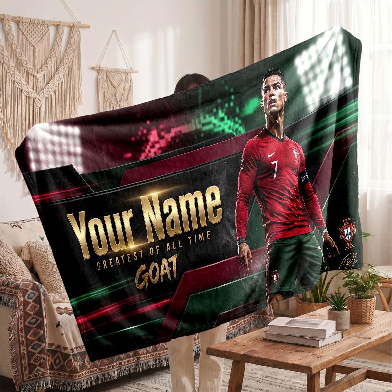 Coperta Personalizzata in Pile Cristiano Ronaldo con Logo Calcio, Testo Nome Personalizzato Morbida Calda Coperta da Divano per la Casa