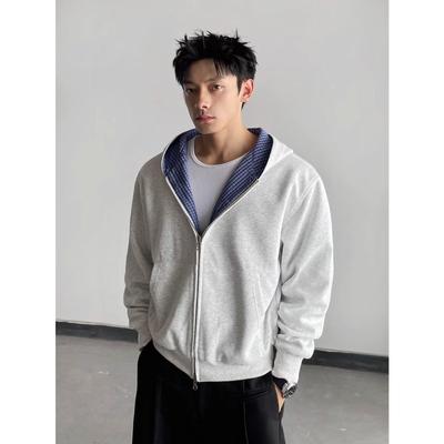 Cardigan da uomo reversibile a quadri con cappuccio - Giacca stile preppy coreano autunno/inverno