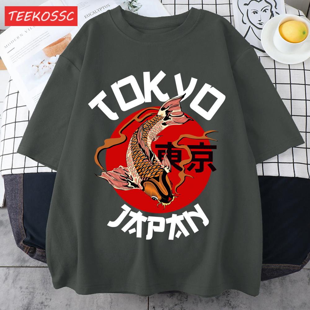 Harajuku Tokyo Japan Koi Fish Print Men T Shirts Hip Hop ONeck TShirt Soft Cotton Male Sportswear Casual Comfortable Clothes