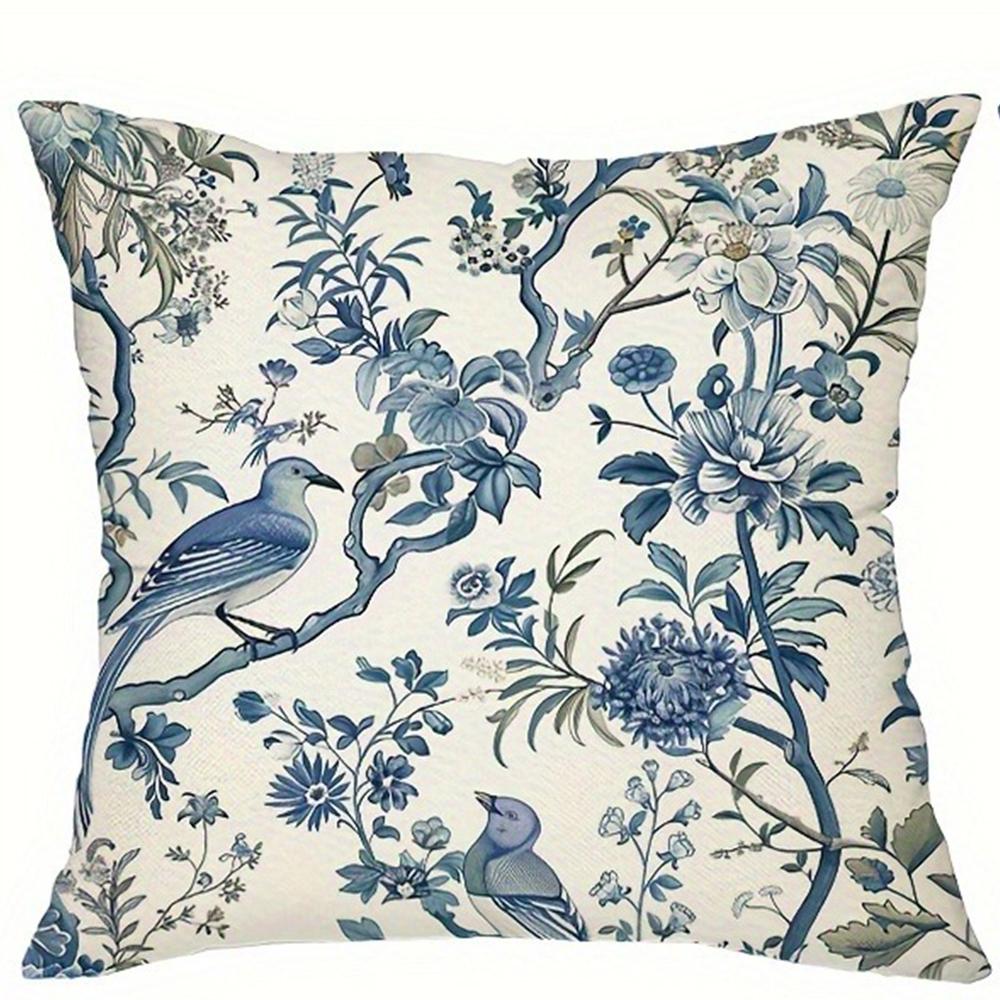 Retro blue floral bird pattern printed pillowcase living room sofa cushion cover bedroom room home decoration