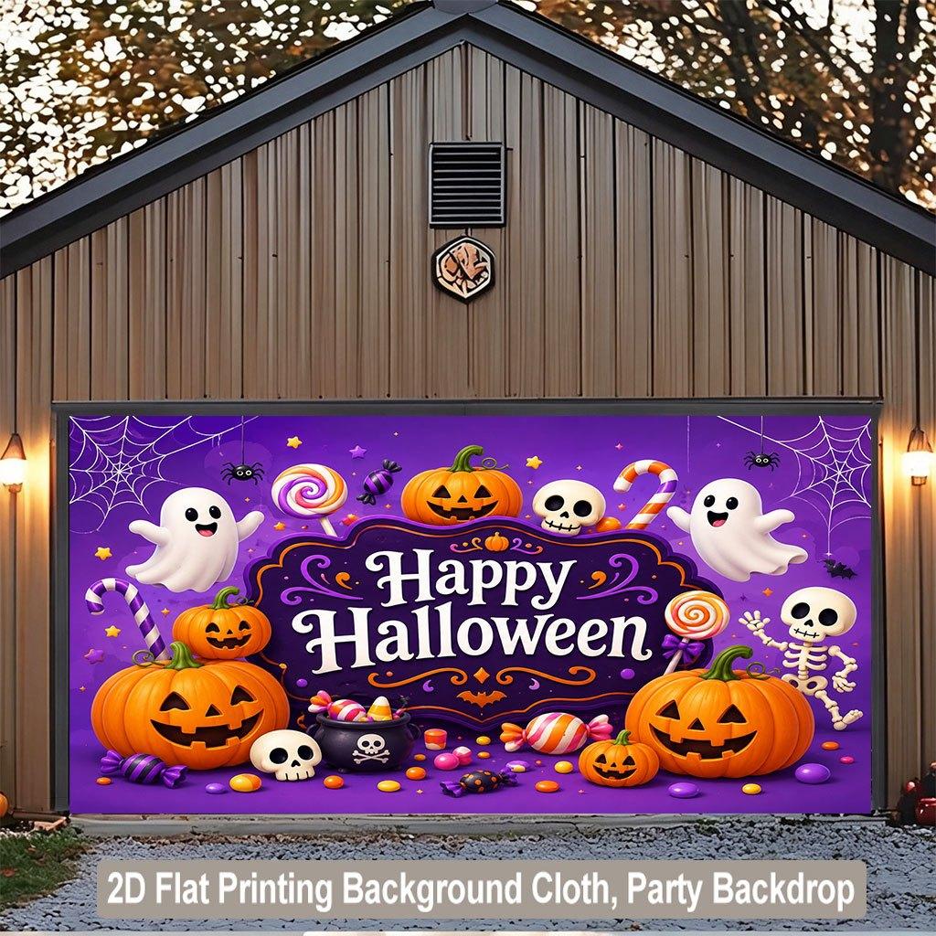 1 piece of 2D flat background fabric, Halloween happy pumpkin, ghost, skull, candy, spider background fabriczyc