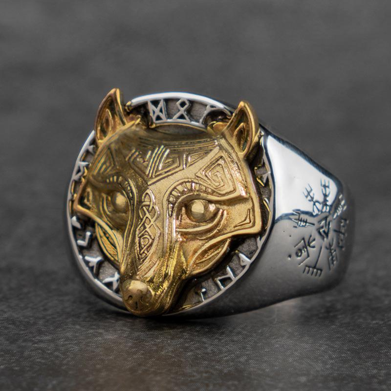 Gothic Lolita Viking Wolf Head Index Finger Ring Titanium Steel Trendy Men's Single Tail Ring Domineering Retro Hip Hop Personality Give Gift Ring Box