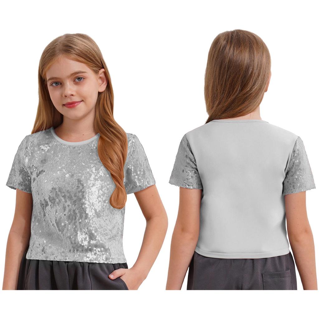 Dětský Sequin Crop Top Krátký Rukáv Kulatý Výstřih Třpytivý Hip Hop Jazzový Tanec Scénické Oblečení