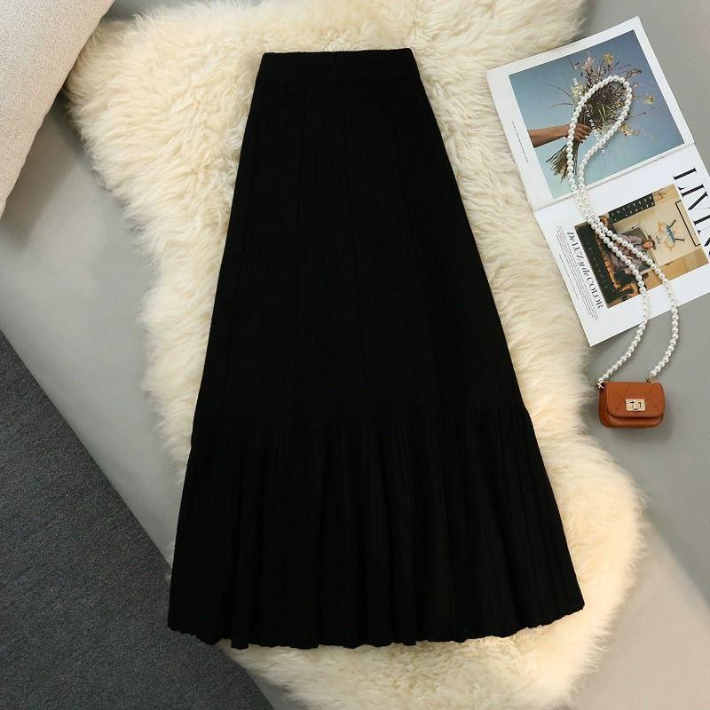 Women's High Waist Ruffle Knit Skirt - Retro A-line, Autumn/Winter, Slimming, Long Hem.