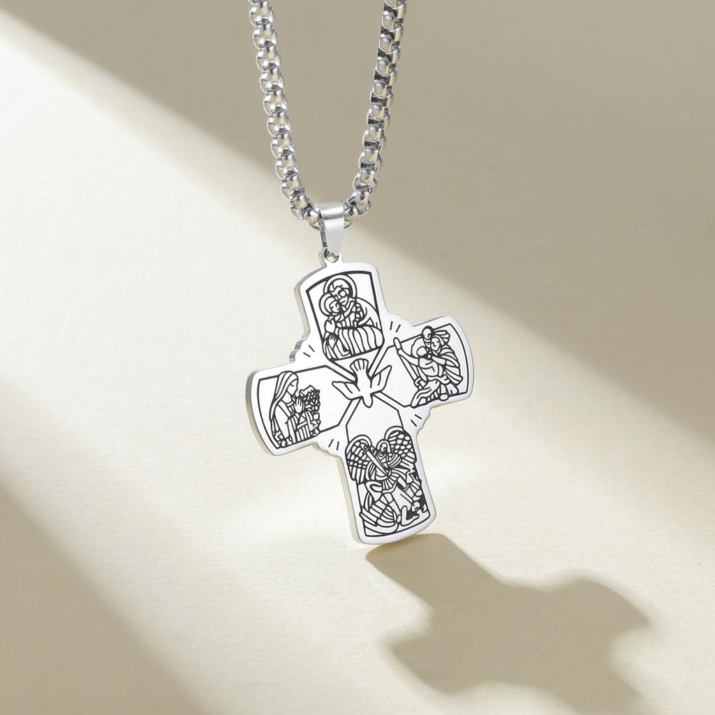 Christian Holy Spirit Cross Necklace for Men Women Engraved Religious Icon Pendant Amulet Jewelry Catholic Protection Gifts