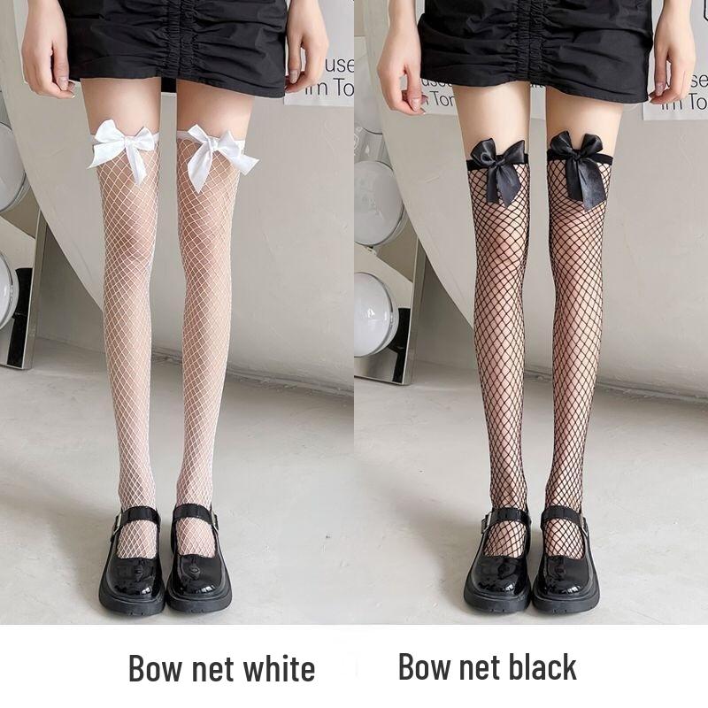 Damen Schwarze Netzstrümpfe mit Schleife und Spitze Überknie - Dünn, Sexy und Schlankmachend