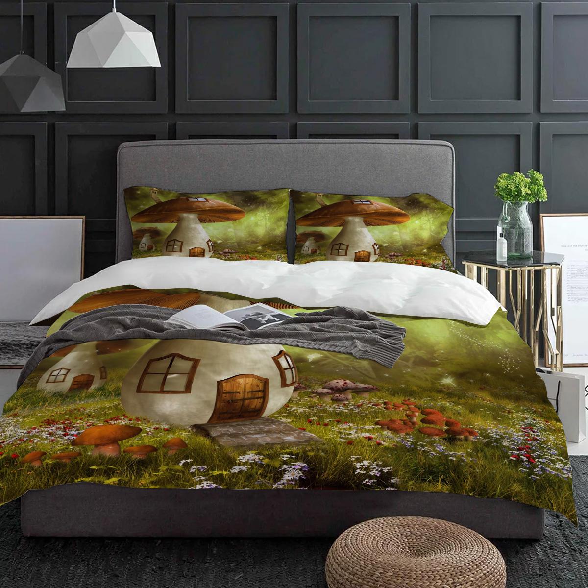 

Mushroom Cartoon Scary Meadow Forest Night Plant Bedding Set 3pcs Duvet Cover Pillowcase Quilt Cover Double Bed Set Home Textile (135x200cm)