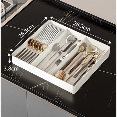 1 pièce Boîte de rangement rétractable pour tiroir de cuisine Grande capacité Plateau de rangement avec séparateurs Boîte d'organisation pour vaisselle, couteaux, cuillères à la maison
