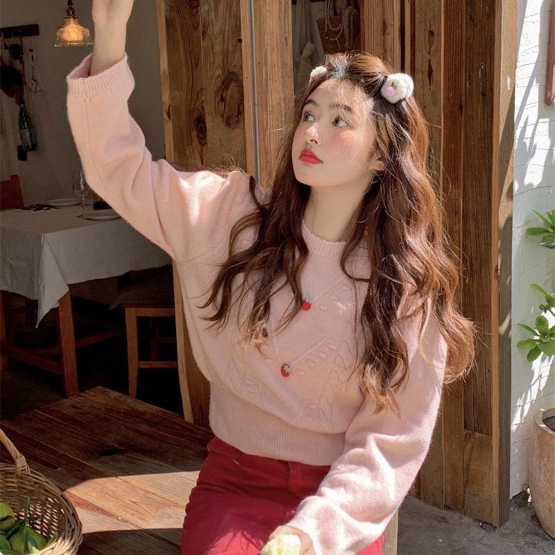 Sweet Girl Pink Little Strawberry Sweater Base with Soft Waxy Round Neck Long Sleeve Pullover Sweater Top