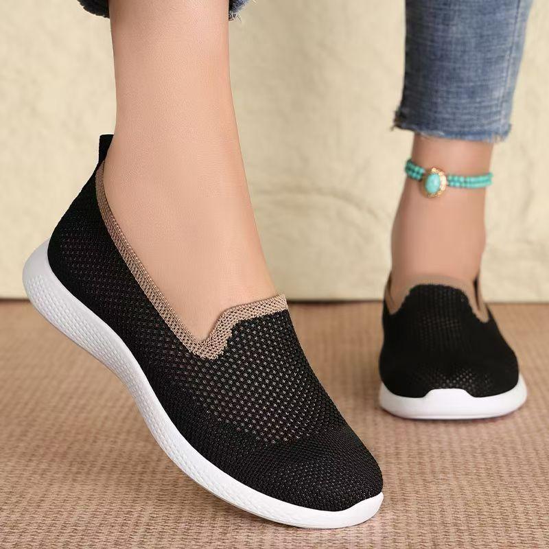 Women's Spring Autumn New Mesh Casual Shoe Thick Sole Non Slip Shallow Slip On Light Round Toe Flat Sole Elderly Walking Shoes