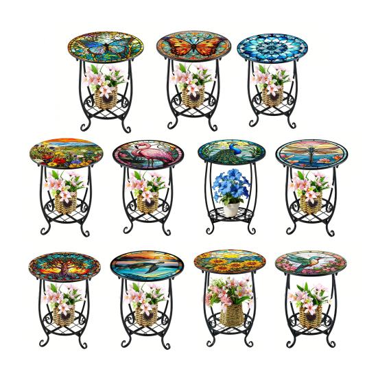 Huaqianguhh Outdoor Side Table, Round Small Mosaic Bird Butterfly Patio Accent, Indoor End Plant Coffee Tea Table for Yard Porch Garden Living