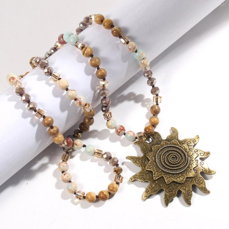 Vintage Bohemian Style Necklace Featuring 8mm Natural Stone and Glass Beads Unique Sun Pendant Neckchain for Women